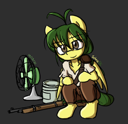 Size: 556x539 | Tagged: safe, artist:spheedc, oc, oc only, oc:tree sap, pegasus, semi-anthro, arm hooves, clothes, digital art, electric fan, female, gun, mare, paint can, rifle, simple background, solo, weapon