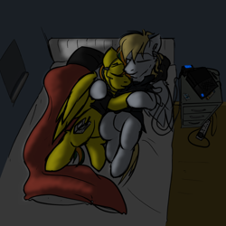 Size: 4000x4000 | Tagged: safe, artist:captainhoers, oc, oc:cutting chipset, oc:dual screen, pegasus, pony, bed, bedroom, cables, console, cyberpunk, duo, female, male, night, nighthaze, sierra nevada, sleeping, snuggling