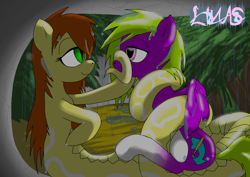 Size: 1754x1240 | Tagged: safe, artist:linasnake, oc, lamia, original species, pegasus, pony, snake, snake pony, cloud, cloudy, coiling, coils, complex background, eye contact, female, forest background, hug, looking at each other, mare, signature, slit pupils, smiling, snake eyes, wings