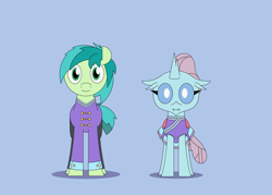 Size: 4234x3029 | Tagged: safe, artist:gd_inuk, ocellus, sandbar, changedling, changeling, earth pony, pony, 2 4 6 greaaat, g4, band uniform, blue background, cheerleader, cheerleader ocellus, cheerleader outfit, clothes, duo, fangs, high res, looking at you, simple background