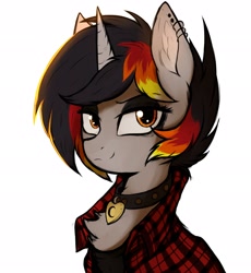 Size: 1884x2048 | Tagged: safe, artist:tatykin, oc, oc only, oc:moonshine, pony, unicorn, bedroom eyes, chest fluff, clothes, collar, eyeliner, eyeshadow, female, flannel, flannel shirt, fluffy, makeup, mare, piercing, shirt, simple background, smiling, solo, white background