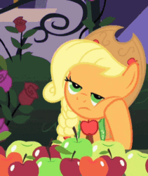 Size: 400x474 | Tagged: safe, screencap, applejack, earth pony, pony, the best night ever, animated, apple, blinking, bored, bust, female, food, gif, hoof on cheek, lidded eyes, loop, mare, solo, supporting head