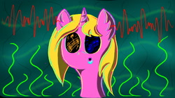 Size: 1280x720 | Tagged: safe, artist:bryastar, oc, oc only, oc:bright star, pony, unicorn, abstract background, drool, female, music, music notes, sound waves, wide eyes