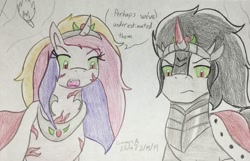 Size: 1115x717 | Tagged: safe, artist:gamerblitz77, artist:gmangamer25, king sombra, princess cadance, alicorn, pony, umbrum, unicorn, g4, the crystal empire, alternate character interpretation, alternate cutie mark, alternate scenario, alternate universe, armor, bevor, body scar, boots, chestplate, clothes, cloud, colored horn, corruptance, corrupted, corrupted cadance, criniere, croupiere, crown, crystal empire, cuirass, curved horn, dark magic, dark queen, duo, echo world, evil cadance, fangs, fauld, female, glowing horn, gorget, hat, hoof shoes, horn, infidelity, jewelry, magic, male, meta, peytral, plackart, possessed, possession, queen cadance, regalia, robe, role reversal, scar, ship:somdance, shipping, shoes, simple background, skyscraper, sombra eyes, sombra's cape, sombra's horn, sombra's robe, speech bubble, straight, tiara, torch, traditional art, tyrant cadance, wall of tags, white background, word bubble