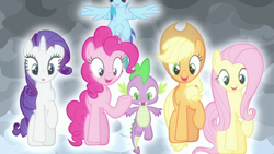Size: 1920x1080 | Tagged: safe, screencap, applejack, fluttershy, pinkie pie, rainbow dash, rarity, spike, dragon, earth pony, pegasus, pony, unicorn, g4, the ending of the end, winged spike, wings