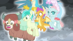 Size: 1920x1080 | Tagged: safe, screencap, gallus, ocellus, sandbar, silverstream, smolder, yona, changedling, changeling, classical hippogriff, dragon, earth pony, griffon, hippogriff, pony, yak, g4, the ending of the end, bow, cloven hooves, dragoness, female, hair bow, levitation, magic, male, monkey swings, student six, teenager, telekinesis