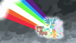 Size: 1920x1080 | Tagged: safe, screencap, gallus, ocellus, sandbar, silverstream, smolder, yona, changedling, changeling, classical hippogriff, dragon, earth pony, griffon, hippogriff, pony, yak, g4, the ending of the end, a pose, bow, cloven hooves, colored hooves, dragoness, eyes closed, female, hair bow, jewelry, levitation, magic, magic of friendship, male, monkey swings, necklace, rainbow, rainbow of harmony, spread arms, spread wings, student six, t pose, teenager, telekinesis, wings