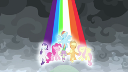 Size: 1920x1080 | Tagged: safe, screencap, applejack, fluttershy, pinkie pie, rainbow dash, rarity, spike, dragon, earth pony, pegasus, pony, unicorn, g4, the ending of the end, rainbow, winged spike, wings
