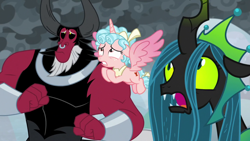 Size: 1920x1080 | Tagged: safe, screencap, cozy glow, lord tirek, queen chrysalis, alicorn, centaur, changeling, changeling queen, pony, g4, the ending of the end, alicornified, antagonist, bow, cozycorn, female, legion of doom, looking up, mean three, nervous, nose piercing, nose ring, oh no, piercing, race swap, scared, septum piercing, tail bow, trio, uh oh, ultimate chrysalis, worried