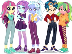 Size: 1280x968 | Tagged: safe, artist:limedazzle, indigo zap, lemon zest, sour sweet, sugarcoat, sunny flare, equestria girls, g4, clothes, crystal prep shadowbolts, freckles, meta, miniskirt, op can't let go, pants, shadow five, show accurate, skirt, socks, thigh highs, thigh socks