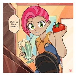 Size: 1280x1280 | Tagged: safe, artist:sugarelement, babs seed, equestria girls, g4, one bad apple, cocktail, dialogue, ear piercing, female, food, looking at you, milkshake, piercing, solo, speech bubble, tomato
