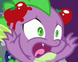 Size: 660x525 | Tagged: safe, screencap, princess luna, spike, alicorn, dragon, pony, g4, horse play, abuse, cropped, food, op is a duck, open mouth, solo focus, spikeabuse, tomato