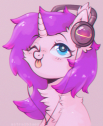 Size: 659x801 | Tagged: safe, artist:astralblues, oc, oc only, pony, unicorn, blue eyes, chest fluff, cute, ear fluff, fluffy, headphones, looking up, shy, solo, tongue out