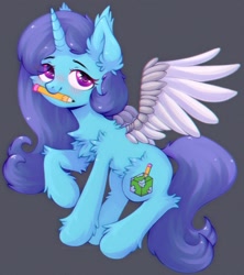 Size: 1248x1406 | Tagged: safe, artist:astralblues, oc, oc only, pony, unicorn, chest fluff, cute, ear fluff, fluffy, hair, holding, leg fluff, looking up, mane, pencil, prothesis, purple eyes, shy, solo, tail