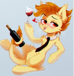 Size: 2097x2133 | Tagged: safe, artist:astralblues, oc, oc only, lizard, lizard pony, pony, alcohol, blushing, bottle, chest fluff, cute, drunk, ear fluff, eyebrows, fluffy, glass, hair, high res, holding, leg fluff, mane, necktie, red eyes, shy, solo, tail, tongue out, wine, wine bottle, wine glass