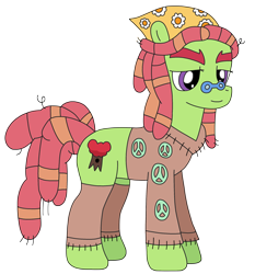 Size: 2286x2448 | Tagged: safe, artist:supahdonarudo, tree hugger, earth pony, pony, g4, bandana, clothes, costume, glasses, halloween, halloween costume, high res, hippie, leggings, mercedes symbol mistaken for peace sign, simple background, thick eyebrows, transparent background, vest