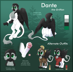 Size: 5578x5478 | Tagged: safe, artist:confetticakez, oc, oc only, oc:dante, griffon, armor, cheek fluff, chest fluff, chibi, commission, flannel, griffon oc, paw pads, paws, reference sheet, sitting, solo, talons, toe beans, underpaw
