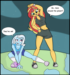 Size: 2317x2500 | Tagged: safe, artist:kyudude, sunset shimmer, trixie, equestria girls, g4, arm between legs, belly button, breasts, cleavage, clothes, earth, female, giant human, giantess, gym shorts, high res, jogging, macro, shoes, shorts, socks, sports, sports bra, sports shorts