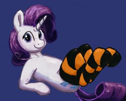 Size: 2491x1989 | Tagged: safe, artist:phutashi, rarity, pony, unicorn, g4, alternate versions at source, clothes, female, leaning back, looking at you, lying down, mare, on back, smiling, socks, solo, stockings, striped socks, striped stockings, thigh highs, three quarter view
