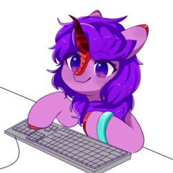 Size: 1000x1000 | Tagged: source needed, safe, artist:yaya, oc, oc:molly jasmine, kirin, animated, female, jewelry, keyboard, ring, smiling, solo, touch
