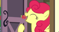 Size: 496x272 | Tagged: safe, screencap, strawberry sunrise, pegasus, pony, g4, honest apple, season 7, ^^, cute, eyes closed, food, herbivore, solo, strawberry, throwing, throwing into mouth