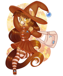 Size: 900x1080 | Tagged: safe, artist:sadelinav, oc, oc only, earth pony, anthro, abstract background, clothes, eye clipping through hair, female, hat, open mouth, purse, simple background, smiling at you, socks, solo, striped socks, transparent background, witch hat