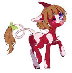 Size: 1333x1345 | Tagged: safe, artist:aniimoni, oc, oc only, oc:moo-shroom, cow, cow pony, chibi, female, one eye closed, simple background, solo, tongue out, transparent background, wink