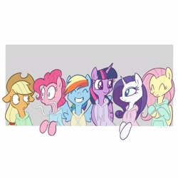 Size: 2048x2048 | Tagged: safe, artist:pfeffaroo, applejack, fluttershy, pinkie pie, rainbow dash, rarity, twilight sparkle, alicorn, earth pony, pegasus, pony, unicorn, g4, bust, clothes, confused, cowboy hat, cute, eyes closed, female, floppy ears, folded wings, grin, hat, high res, hoodie, line-up, looking at each other, mane six, mare, pinkie being pinkie, simple background, smiling, spread wings, twilight sparkle (alicorn), white background, wide eyes, wings