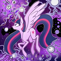 Size: 2048x2048 | Tagged: safe, artist:pfeffaroo, twilight sparkle, alicorn, pony, g4, abstract background, female, high res, looking at something, looking up, magic, mare, open mouth, profile, solo, spread wings, twilight sparkle (alicorn), wings