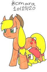 Size: 661x1010 | Tagged: safe, artist:cmara, apple bloom, applejack, earth pony, pony, g4, applejack's hat, cowboy hat, duo, female, filly, hat, mare, marker drawing, protecting, siblings, simple background, sisters, traditional art, white background