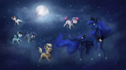 Size: 3700x2063 | Tagged: safe, artist:cvanilda, princess luna, oc, oc:sky secret, alicorn, pegasus, pony, g4, female, flying, full moon, high res, mare, moon, night, pegasus oc, peytral, signature, stars, wings