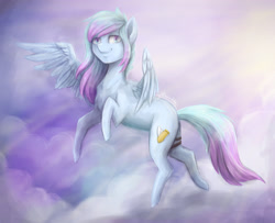 Size: 2999x2439 | Tagged: safe, artist:cvanilda, oc, oc only, pegasus, pony, flying, high res, pegasus oc, sky, smiling, solo, tail, wings