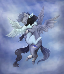 Size: 2480x2857 | Tagged: safe, artist:cvanilda, oc, oc only, oc:blue thunder (cvanilda), oc:sky secret, pony, duo, eyes closed, female, flying, high res, hug, male, mare, oc x oc, shipping, stallion