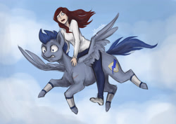Size: 3508x2480 | Tagged: safe, artist:cvanilda, oc, oc only, oc:blue thunder (cvanilda), human, pegasus, pony, clothes, cloud, duo, flying, high res, male, pegasus oc, pony sized pony, riding a pony, scared, stallion, wide eyes, wings