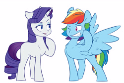 Size: 4933x3312 | Tagged: safe, artist:chub-wub, rainbow dash, rarity, pegasus, pony, unicorn, g4, alternate hairstyle, bedroom eyes, chest fluff, eyeshadow, female, flexing, grin, lesbian, makeup, mare, missing cutie mark, one eye closed, open mouth, pointing, raised hoof, ship:raridash, shipping, simple background, smiling, teeth, white background, wink