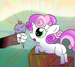 Size: 1900x1700 | Tagged: safe, artist:branate, sweetie belle, pony, unicorn, g4, butt, cherry, female, filly, food, hand, ice cream, plot, sweetie butt