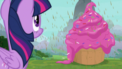 Size: 1920x1080 | Tagged: safe, screencap, twilight sparkle, alicorn, pony, g4, the ending of the end, chocolate, chocolate rain, cupcake, female, food, mare, rain, solo, twilight sparkle (alicorn)