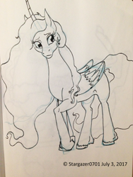 Size: 1224x1632 | Tagged: safe, artist:stargazerseven, princess luna, alicorn, pony, g4, female, lineart, mare, missing accessory, monochrome, raised hoof, solo, traditional art