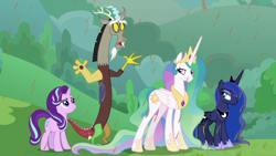 Size: 1920x1080 | Tagged: safe, screencap, discord, princess celestia, princess luna, starlight glimmer, alicorn, draconequus, pony, unicorn, g4, the ending of the end, chocolate, chocolate rain, female, food, male, mare, rain