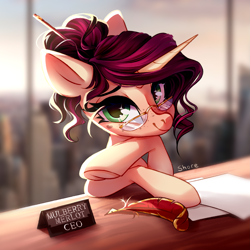 Size: 3445x3445 | Tagged: safe, artist:shore2020, oc, oc only, oc:mulberry merlot, pony, unicorn, cute, female, glasses, high res, mare, quill, solo