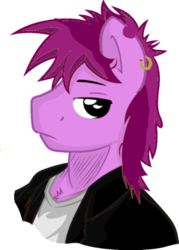 Size: 300x419 | Tagged: safe, editor:soulless pinkamena, oc, oc only, oc:soulless pinkamena, anthro, clothes, ear piercing, earring, jacket, jewelry, lidded eyes, looking at you, male, piercing, shirt, simple background, solo, t-shirt, transparent background