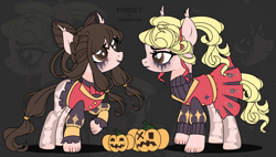 Size: 4896x2784 | Tagged: safe, artist:elberas, oc, oc only, oc:morrigan shadows, oc:rosemary shadows, earth pony, pony, bone, bowtie, clothes, ear fluff, eyeshadow, female, freckles, halloween, holiday, jack-o-lantern, makeup, mare, markings, pumpkin, raised hoof, shirt, siblings, sisters, skirt, sweater