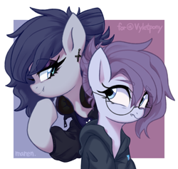 Size: 2725x2584 | Tagged: safe, artist:maren, oc, oc only, oc:vylet, pony, vampire, black sclera, clothes, cute, cute little fangs, duo, fangs, gift art, glasses, headphones, high res, hoodie, jacket, lidded eyes