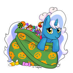 Size: 1280x1280 | Tagged: safe, artist:lib-fluffymoss, oc, oc only, oc:fleurbelle, alicorn, pony, adorabelle, alicorn oc, bow, candy, candy corn, cute, female, food, hair bow, halloween, holiday, horn, if i fits i sits, looking at you, mare, simple background, solo, transparent background, trick or treat, wingding eyes, wings, yellow eyes