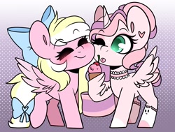 Size: 2048x1548 | Tagged: safe, artist:sakukitty, oc, oc only, oc:bay breeze, oc:saku, alicorn, pegasus, pony, blushing, bow, chibi, clothes, eyes closed, food, hair bow, ice cream, one eye closed, socks, squishy cheeks, tongue out