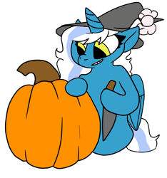 Size: 1436x1536 | Tagged: safe, artist:mablearts, oc, oc only, oc:fleurbelle, alicorn, pony, alicorn oc, bow, female, grin, hair bow, hat, horn, mare, pumpkin, simple background, smiling, solo, wings, witch, witch hat, yellow eyes