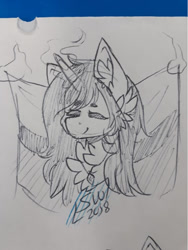 Size: 721x960 | Tagged: safe, artist:silentwolf-oficial, oc, oc only, pony, unicorn, bust, chest fluff, ear fluff, eyes closed, horn, jewelry, lineart, necklace, signature, smiling, traditional art, unicorn oc