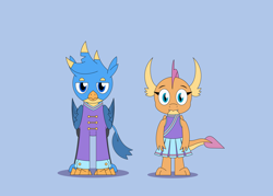 Size: 4912x3513 | Tagged: safe, artist:gd_inuk, gallus, smolder, dragon, griffon, 2 4 6 greaaat, g4, absurd resolution, band uniform, blue background, cheerleader, cheerleader outfit, cheerleader smolder, clothes, duo, fangs, gallus is not amused, looking at you, simple background, unamused