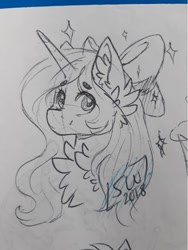 Size: 721x960 | Tagged: safe, artist:silentwolf-oficial, oc, oc only, pony, unicorn, bow, bust, chest fluff, ear fluff, hair bow, horn, lineart, signature, solo, traditional art, unicorn oc