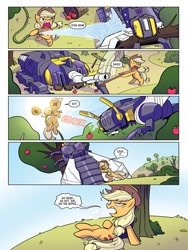 Size: 768x1024 | Tagged: safe, artist:sara pitre-durocher, idw, applejack, g4, spoiler:comic, spoiler:friendship in disguise, spoiler:friendship in disguise04, angry, applejack is not amused, bombshell, exhausted, friendship in disguise, insecticons, kickback, preview, shrapnel, transformers, unamused, venom (insecticon)